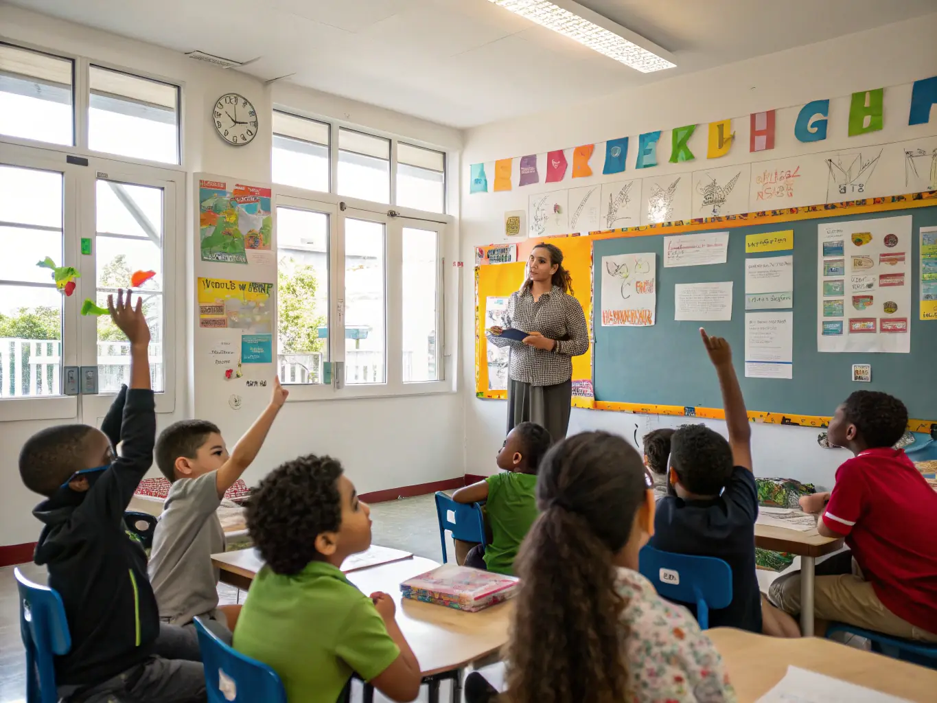 A photograph of a teacher facilitating a workshop on civic engagement, with students actively participating and discussing community issues, highlighting O.C.C.E. 41's commitment to active citizenship.