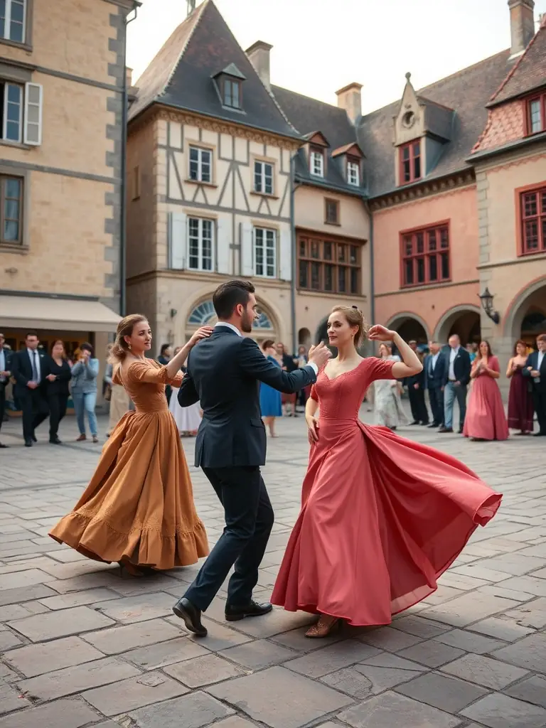 A photograph showcasing a performance by Ballades et Contredanses at a local historical site in Caen, Normandy, demonstrating the organization's commitment to cultural preservation and community outreach through public performances.