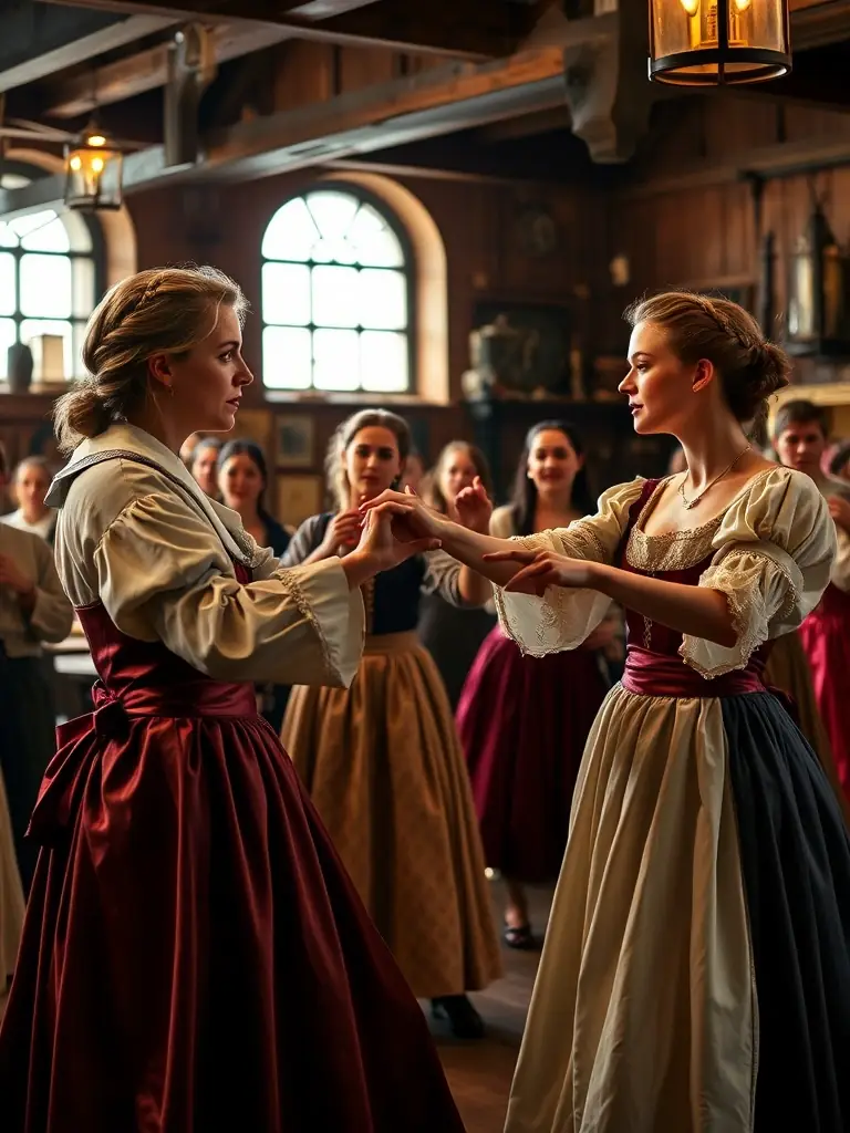 A group of dancers in period costumes gracefully performing a Renaissance dance during a workshop at a historical venue in Caen.