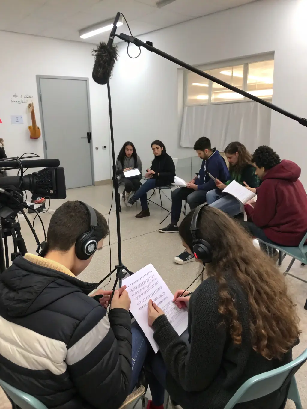 Participants engaged in a hands-on workshop with vintage recording equipment and a knowledgeable instructor, learning about sound recording techniques.