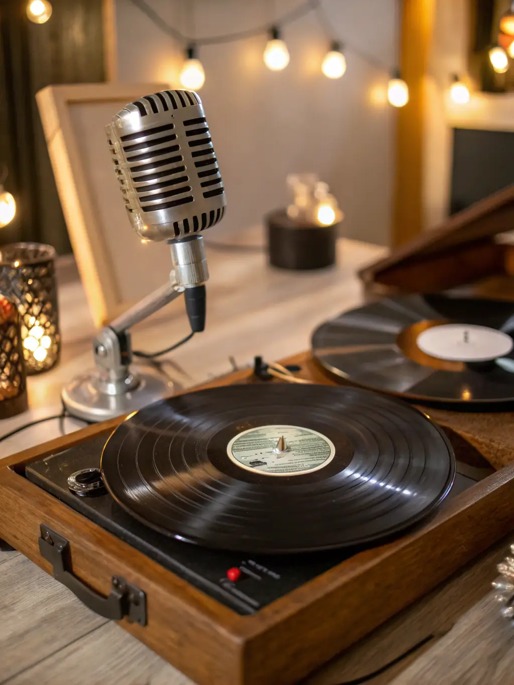 A close-up shot of a vinyl record being played on a vintage turntable, with warm lighting highlighting the details of the equipment.