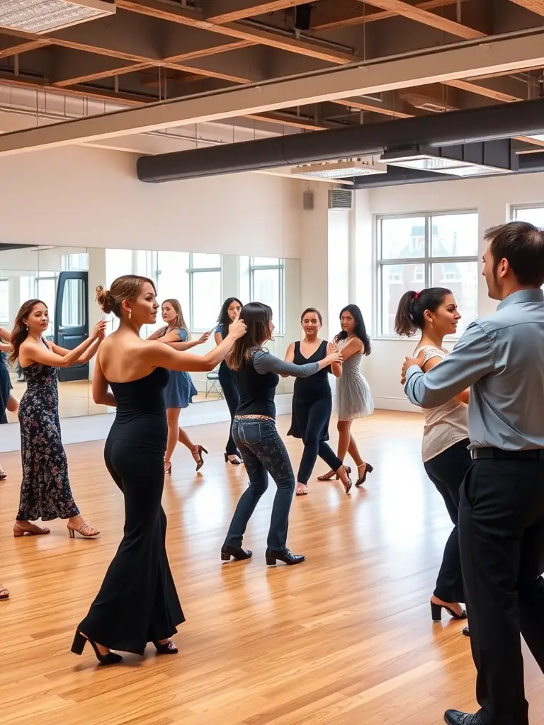 A diverse group of people learning historical dance steps in a beginner's class, guided by an experienced instructor in a well-lit studio.