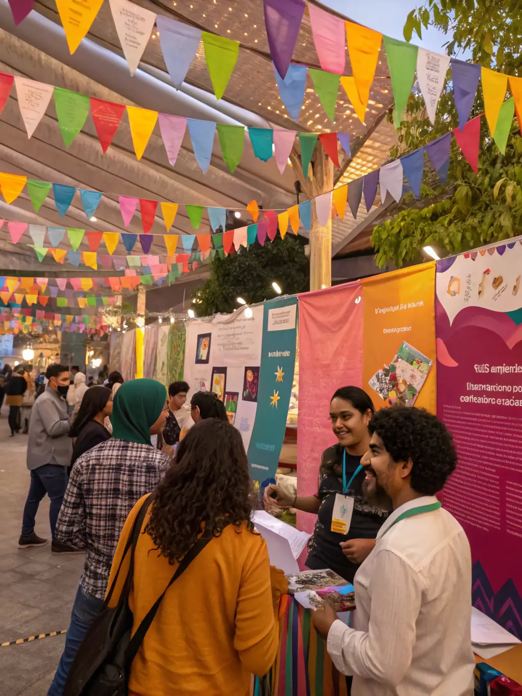 Community members participating in a local event with sound technology displays and live demonstrations, promoting cultural participation.