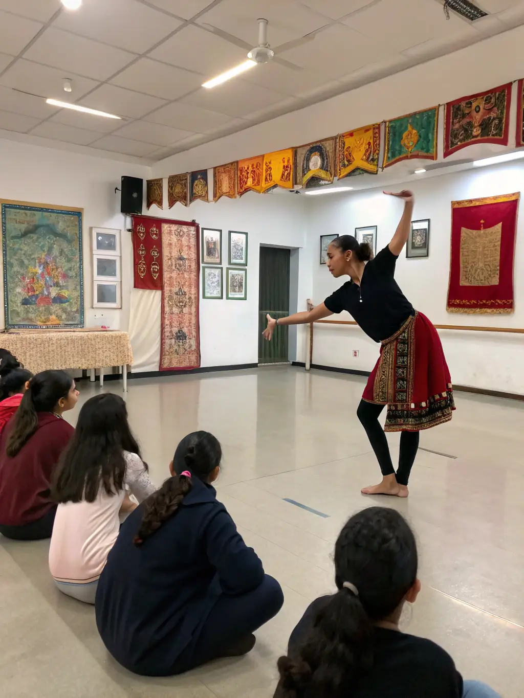 A close-up shot of a skilled instructor guiding a participant through a complex dance step during a Ballades et Contredanses workshop, emphasizing the personalized attention and expert guidance provided to each dancer.