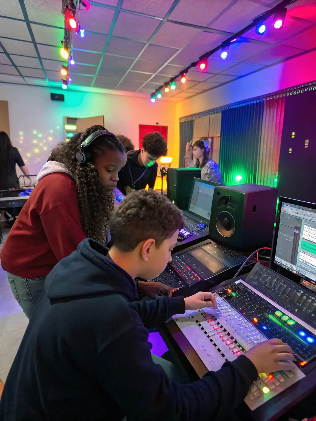A group of students are participating in a hands-on workshop, learning about sound recording techniques with modern equipment.