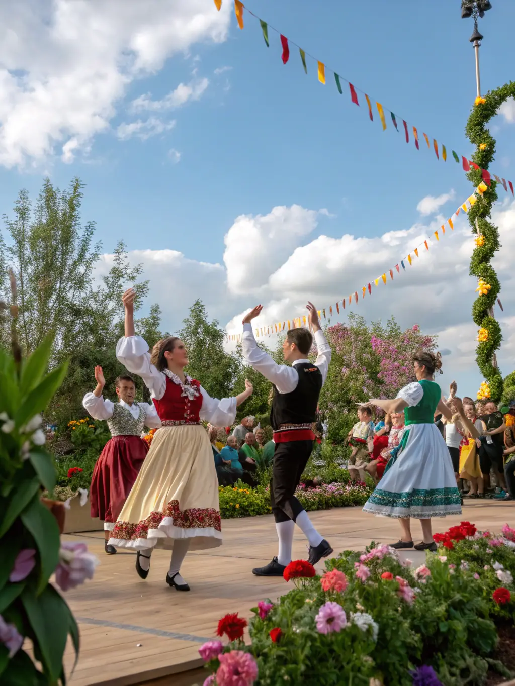 A diverse group of people participating in a historical dance demonstration at a local cultural festival, highlighting Ballades et Contredanses' commitment to cultural engagement.