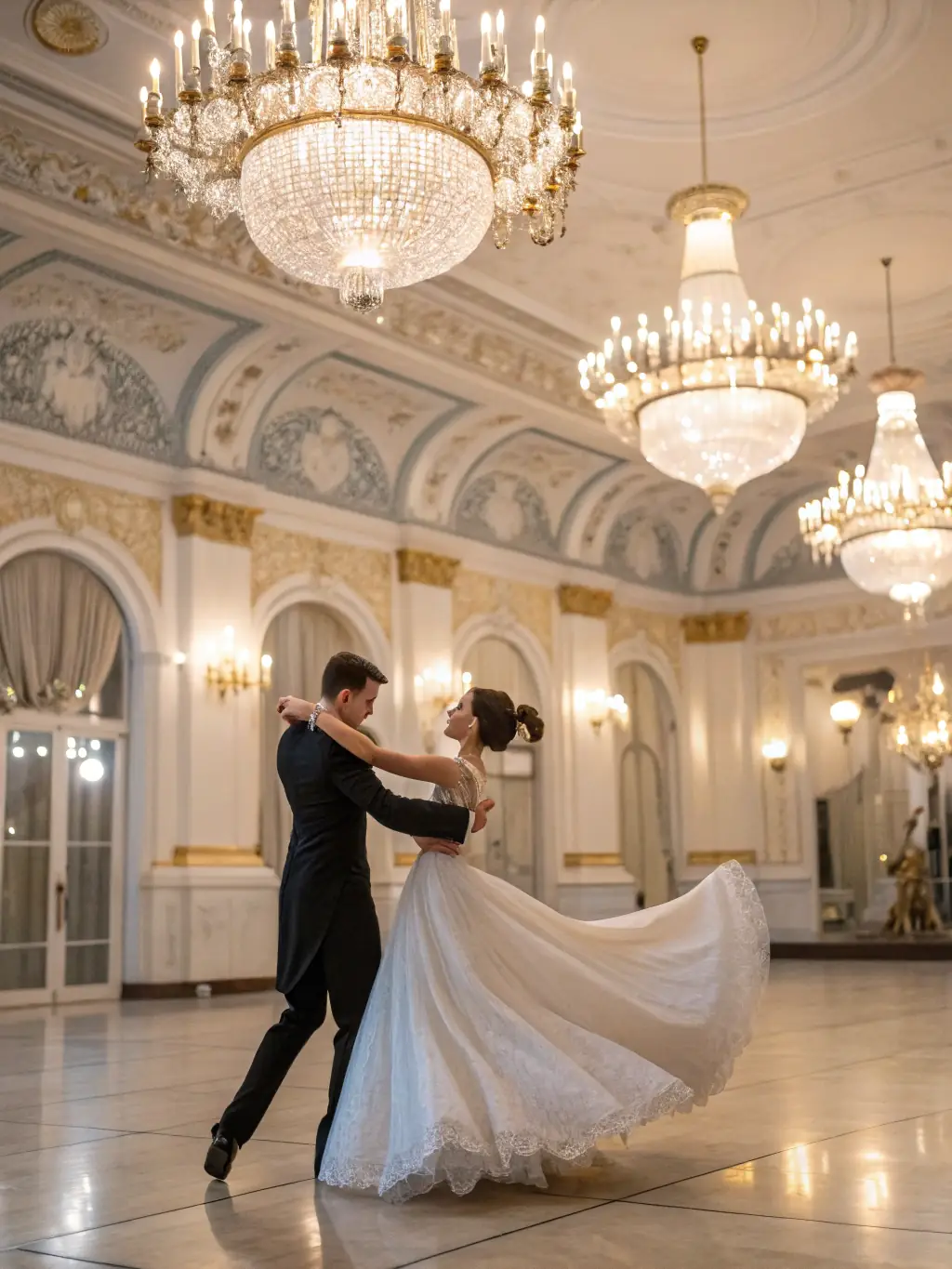 Dancers in Belle Époque attire waltzing elegantly in a grand ballroom, showcasing the beauty and sophistication of the era.