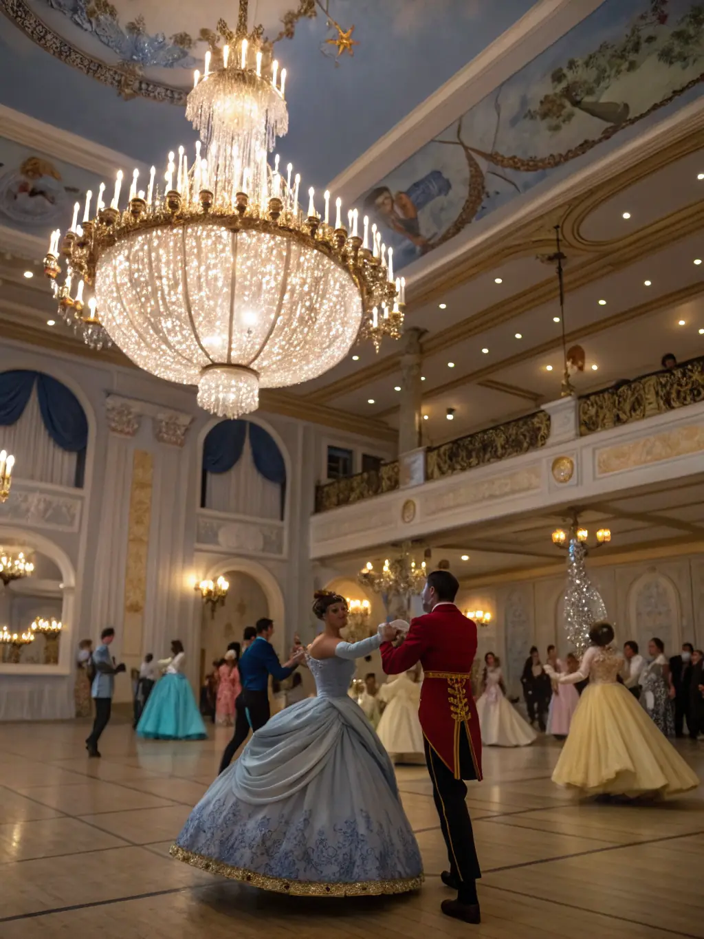 A group of people in historical costumes dancing a Renaissance-era dance in a grand hall, showcasing the elegance and historical accuracy of Ballades et Contredanses' dance programs.