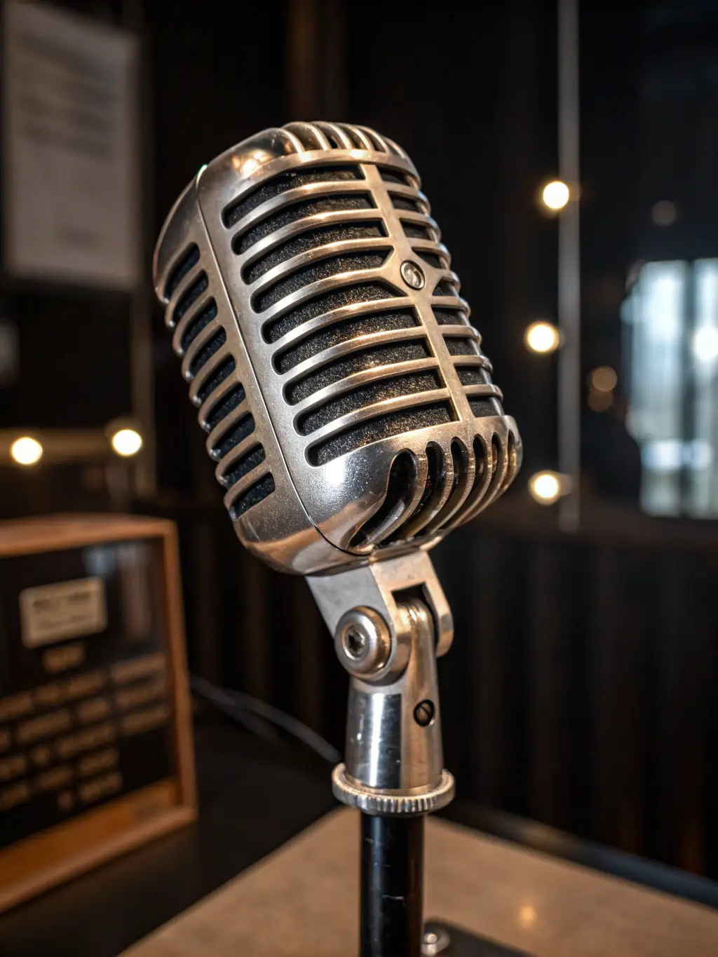 A vintage ribbon microphone from the 1950s is displayed on a stand, with a blurred background of museum visitors observing the exhibit.